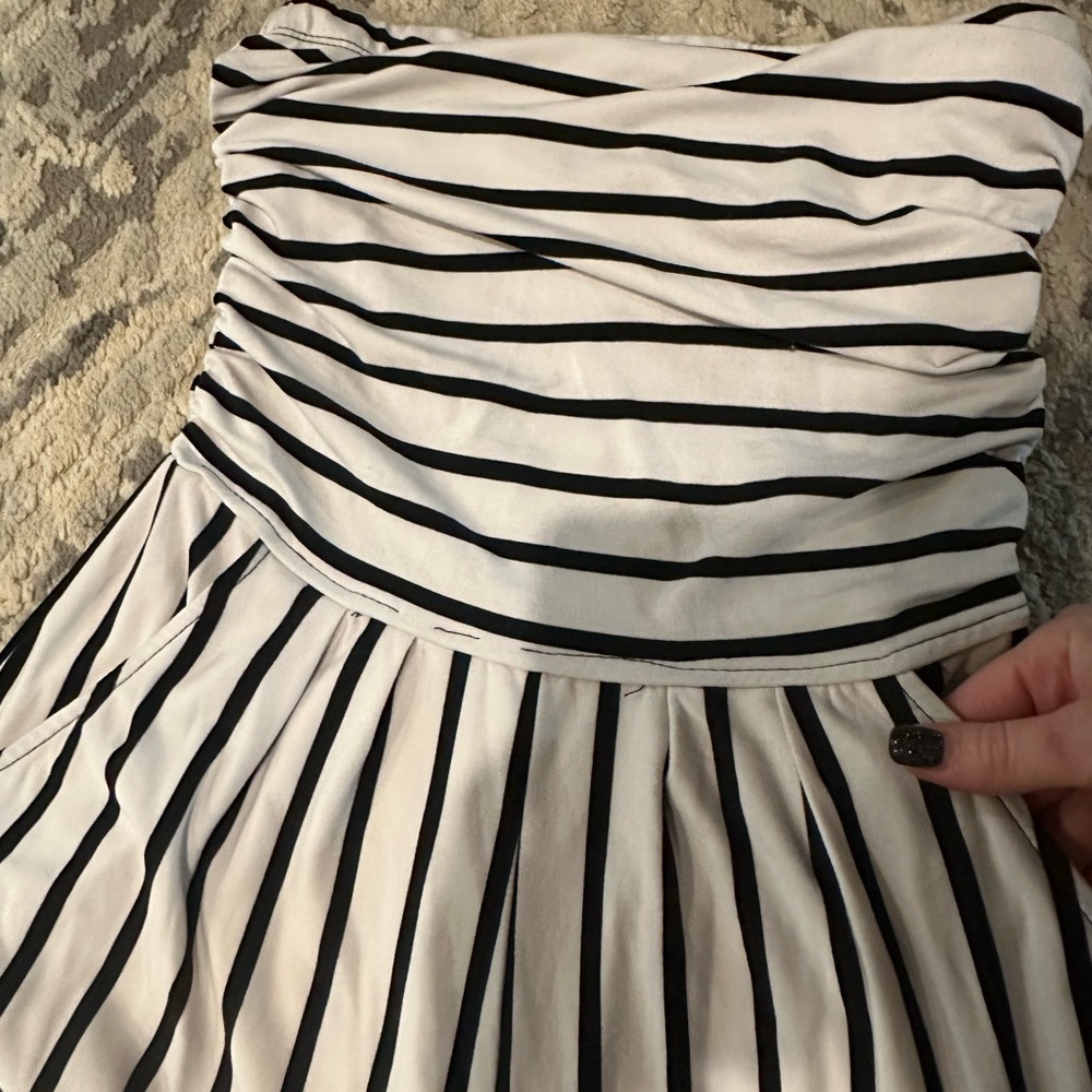 Striped Black and White Strapless Jumpsuit - Picture 7 of 9